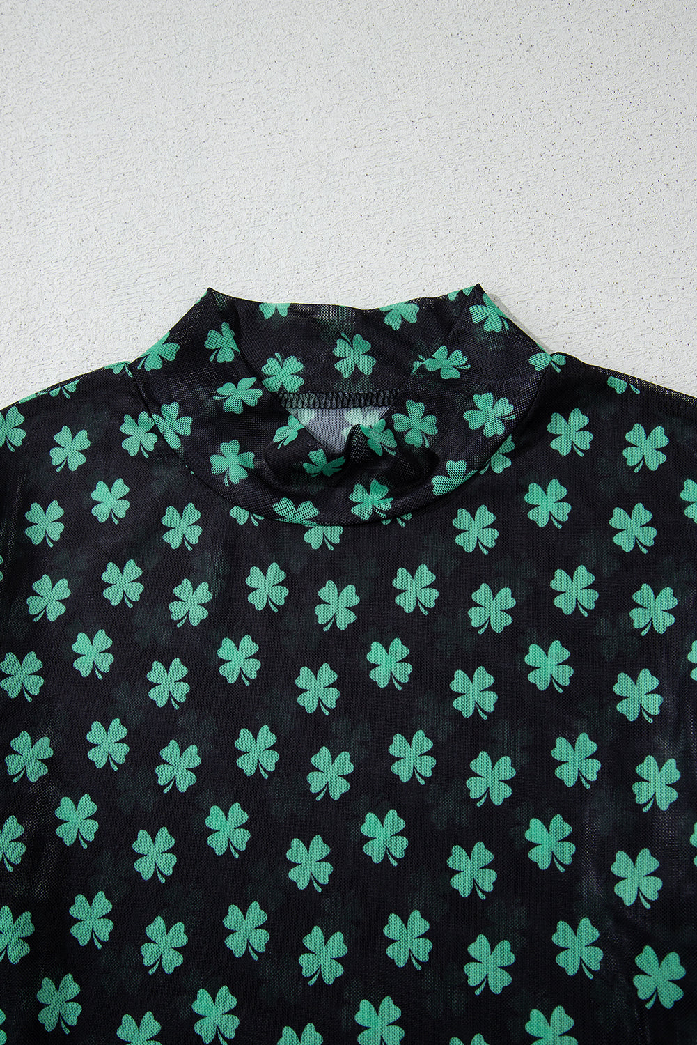 Green St Patrick Shamrock Printed Long Sleeve Mesh Bodysuit eAura