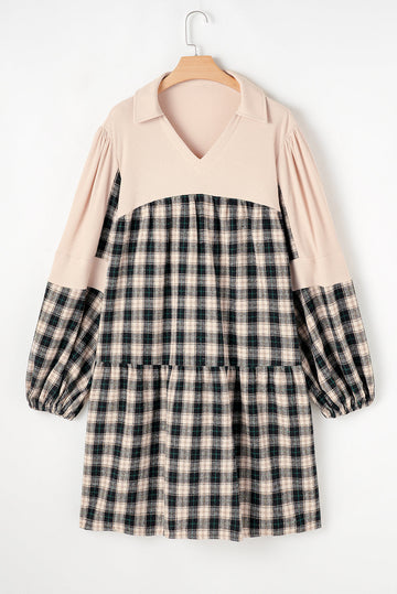 Black Plaid Waffle Knit Patchwork Collared V Neck Plus Size Mini Dress BB Fashion Outlet
