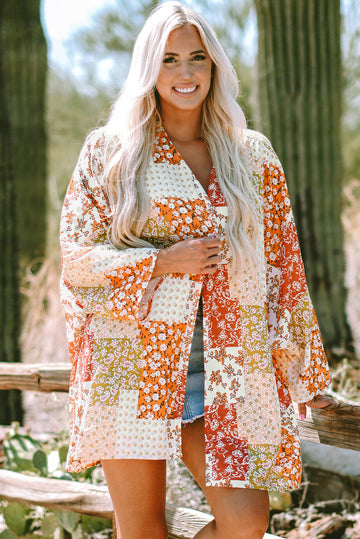 White Boho Patchwork Floral Open Front Kimono BB Fashion Outlet