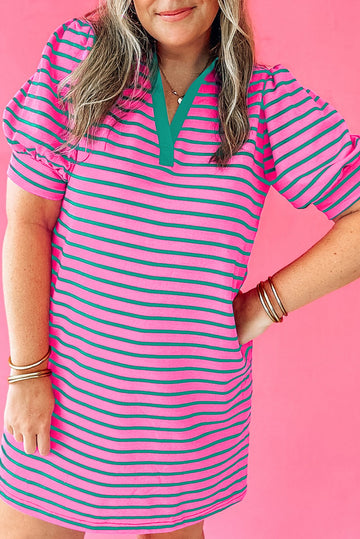 Rose Stripe Collared V Neck Puff Sleeve Shift T Shirt Dress with Pockets BB Fashion Outlet