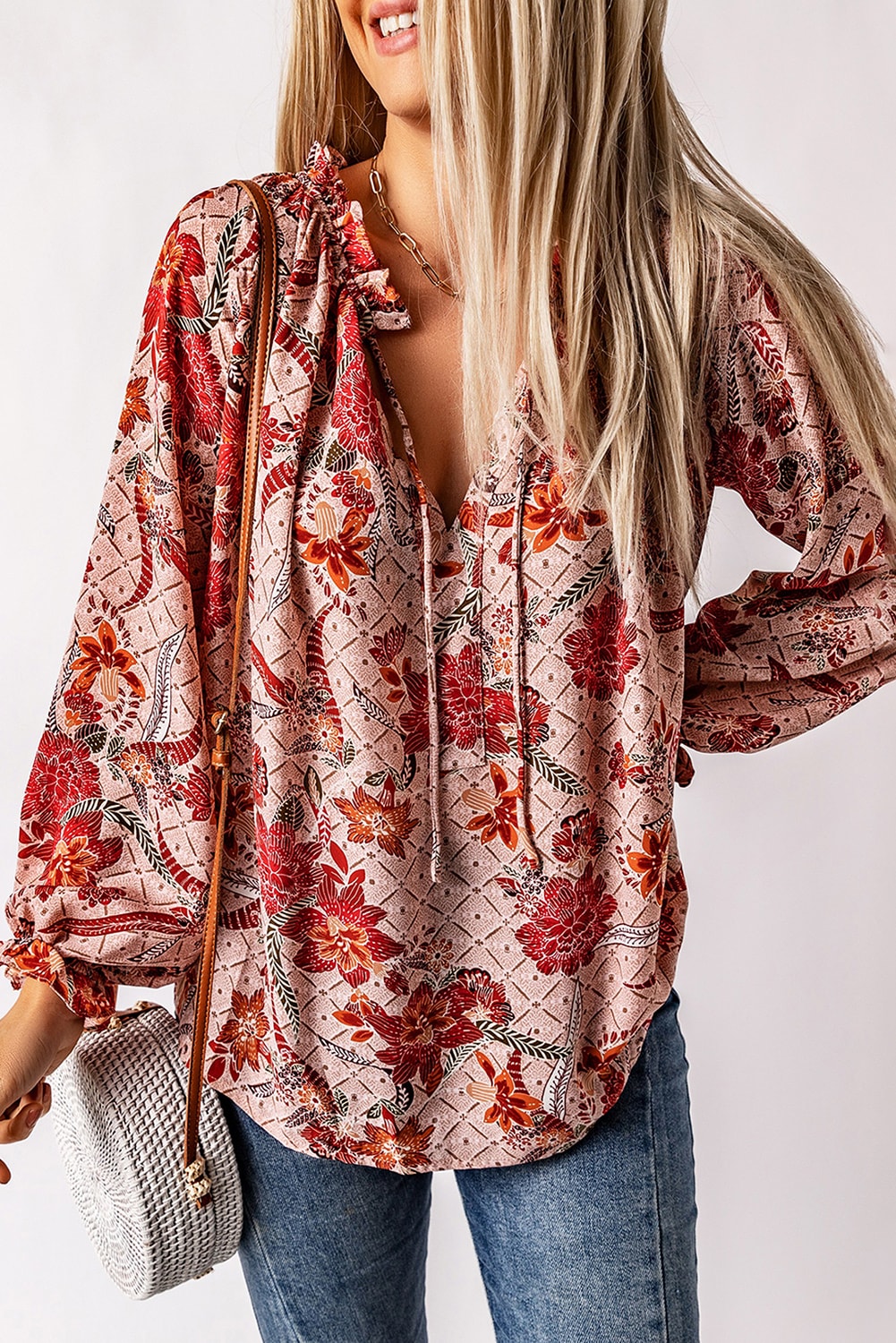 Pink Split V Neck Printed Blouse eAura