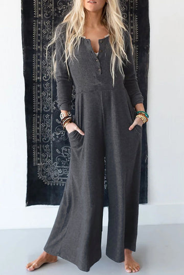 Grey Button Long Sleeve Wide Leg Jumpsuit eAura