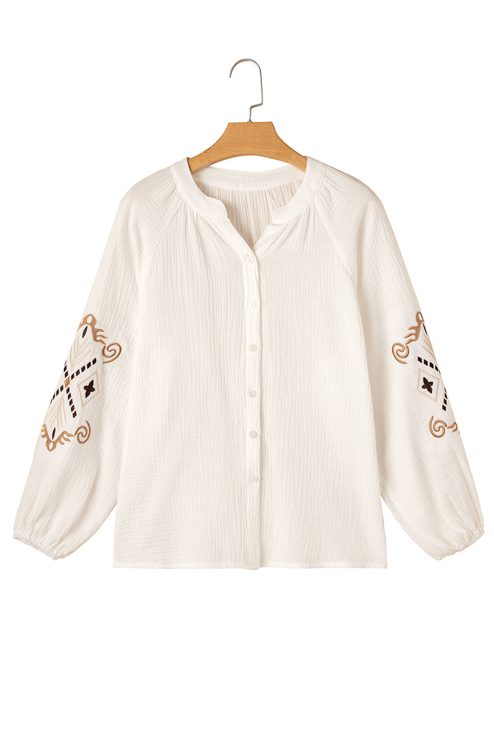 White Embroidered Textured Buttoned Crew Neck Shirt eAura