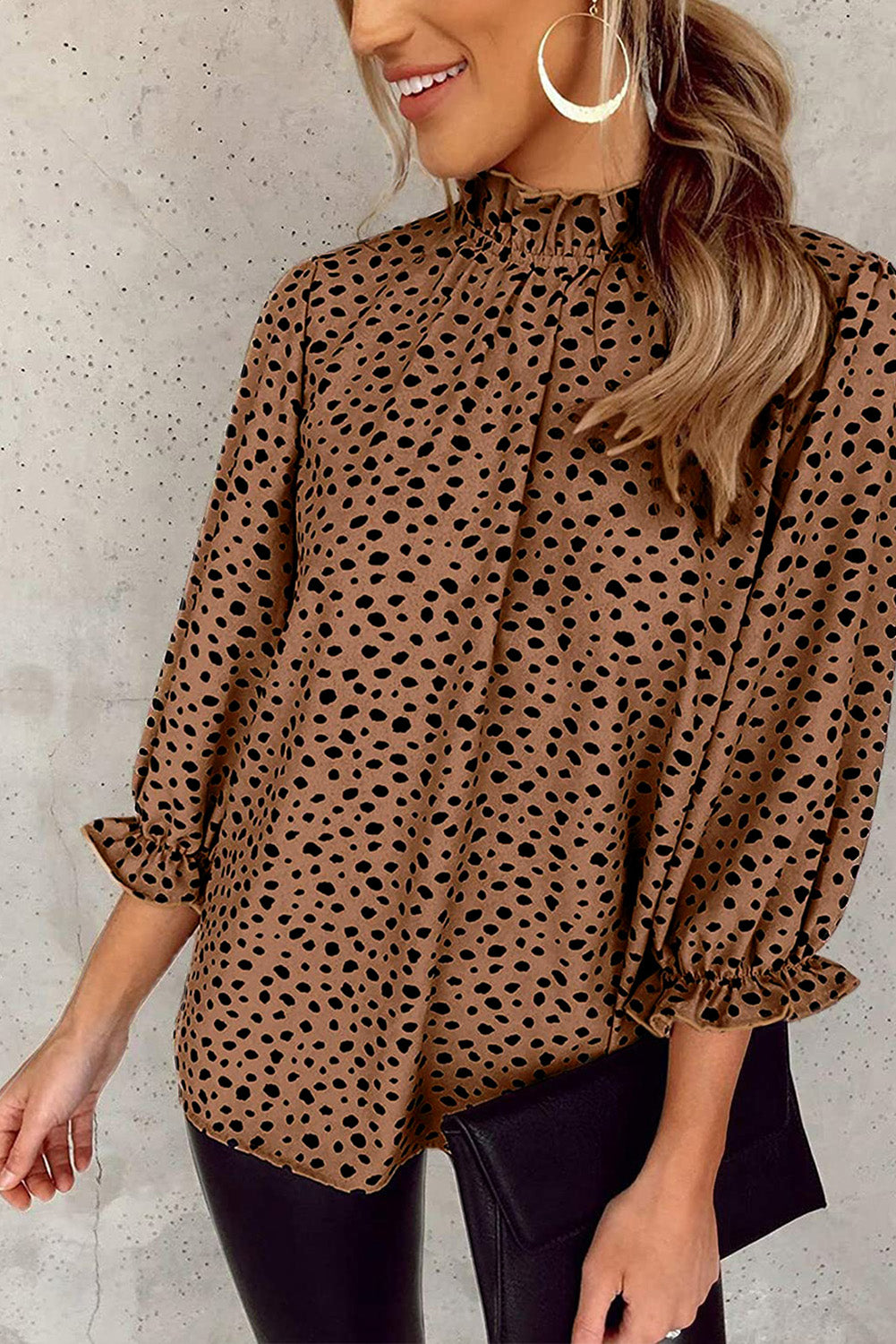 Khaki Frilled Neck 3/4 Sleeves Cheetah Blouse eAura