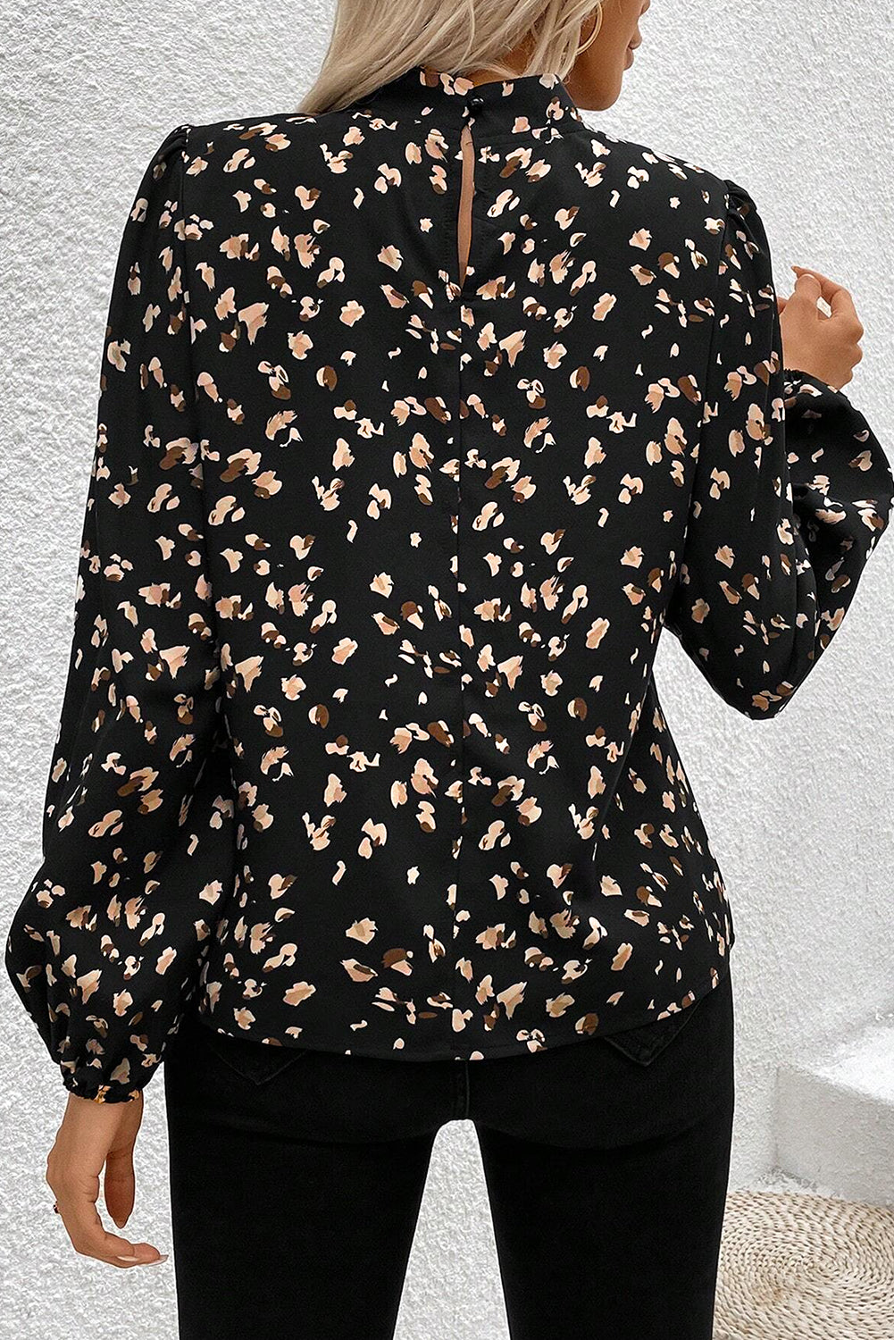 Black Leopard Print Lantern Sleeve Mock Neck Pleated Blouse eAura