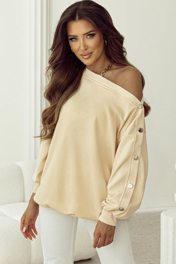 Beige Buttoned Sleeve Dropped Shoulder Sweatshirt eAura