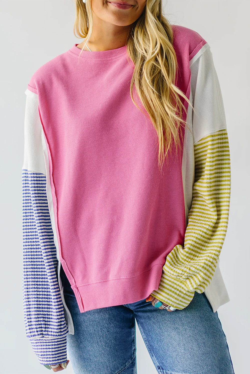 Sachet Pink Exposed Seam Striped Colour Block Patchwork Long Sleeve Top eAura
