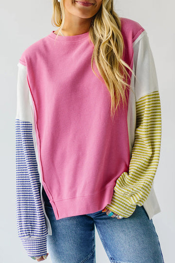 Sachet Pink Exposed Seam Striped Colour Block Patchwork Long Sleeve Top eAura