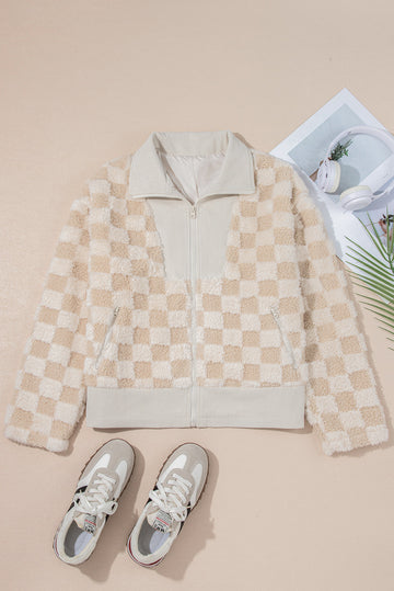 Checker Sherpa Corduroy Patchwork Zip up Collared Jacket eAura