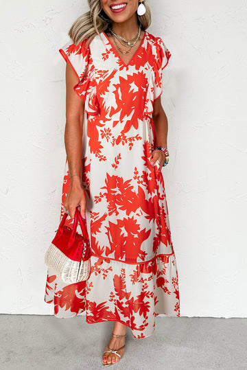 Red Floral Print Trimmed V-Neck Ruffle Sleeve Long Dress eAura