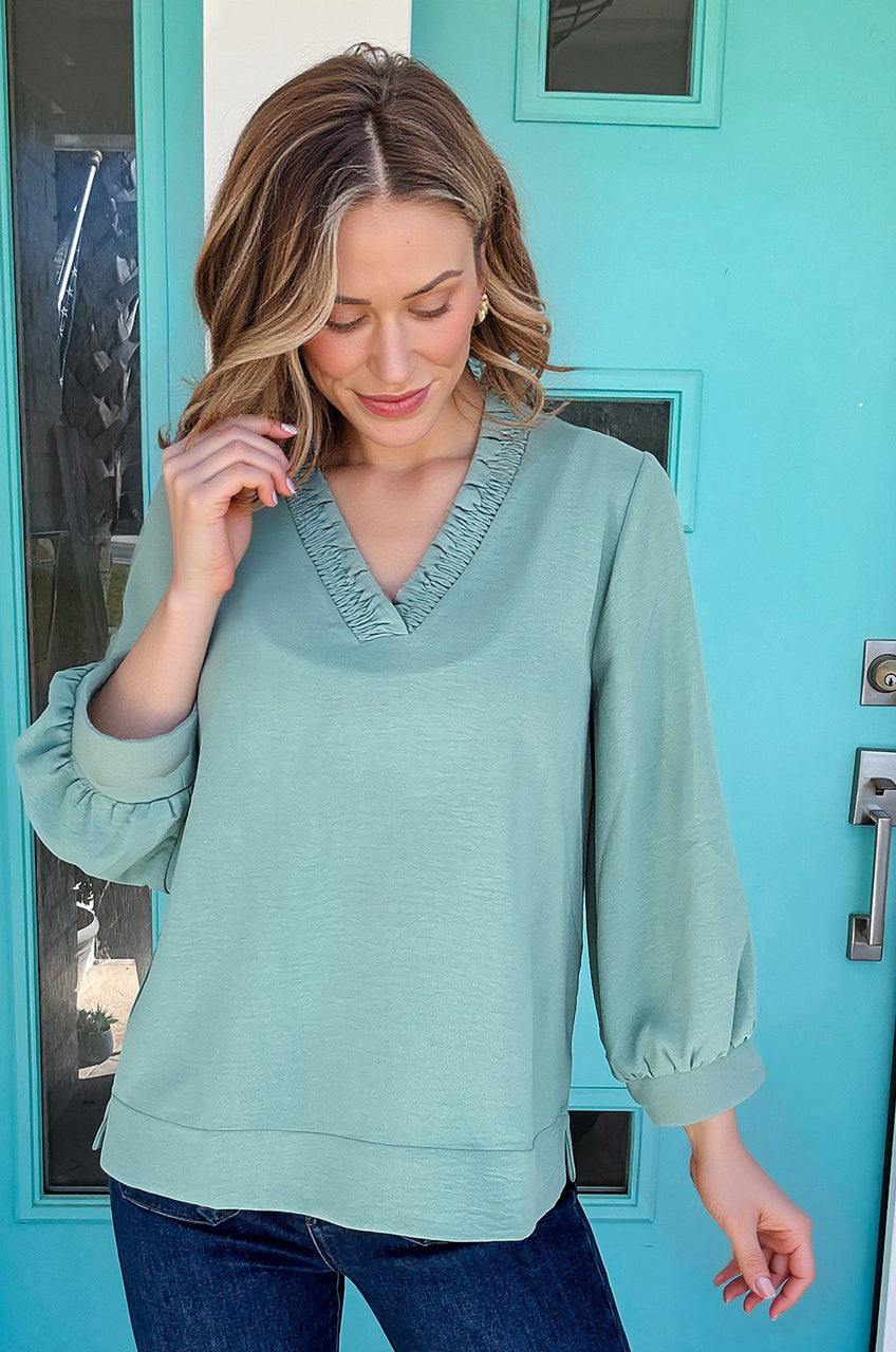 V-Neckline Bracelet Sleeve Crinkled Blouse eAura