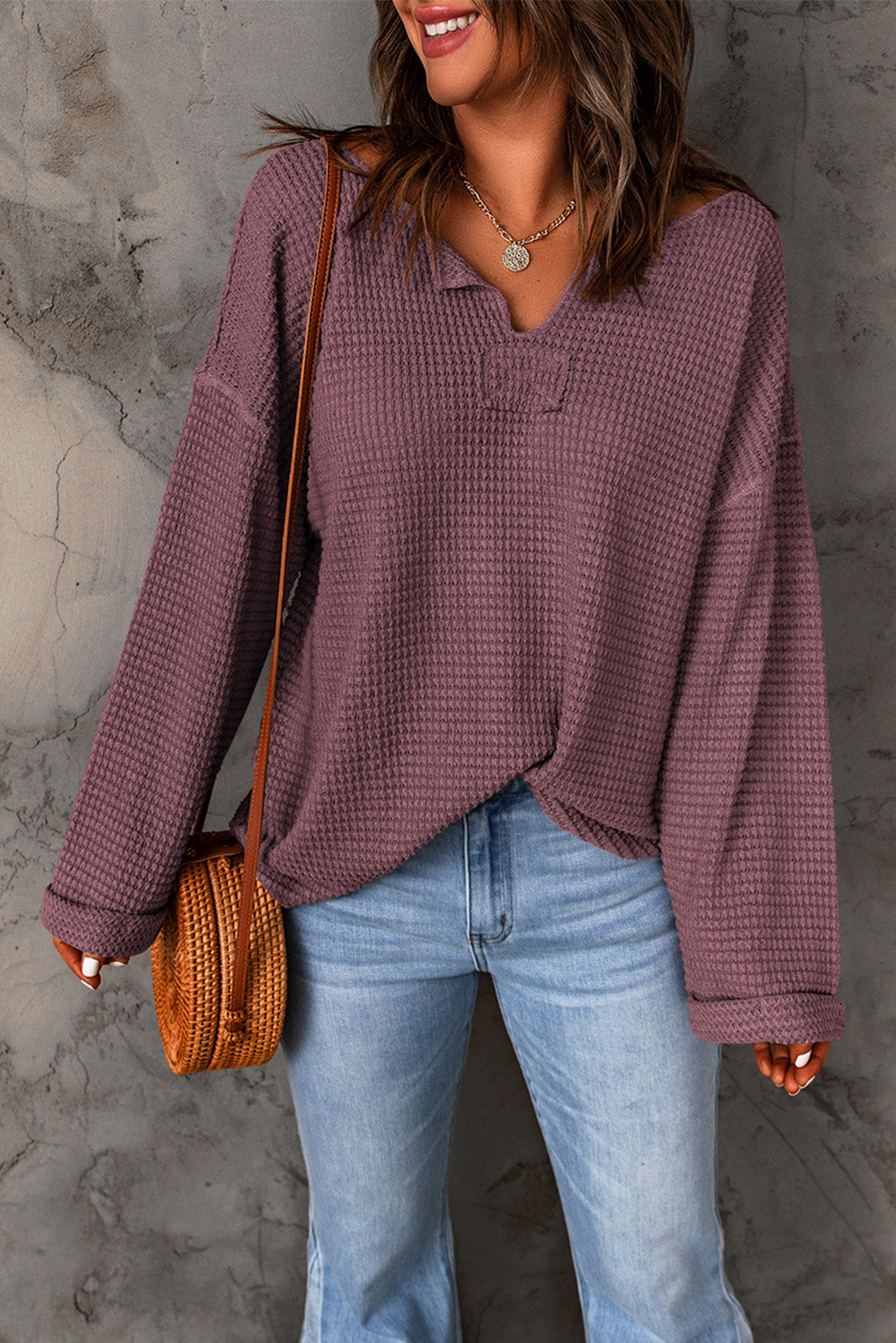 purple Waffle Knit Loose Long Sleeve Top eAura