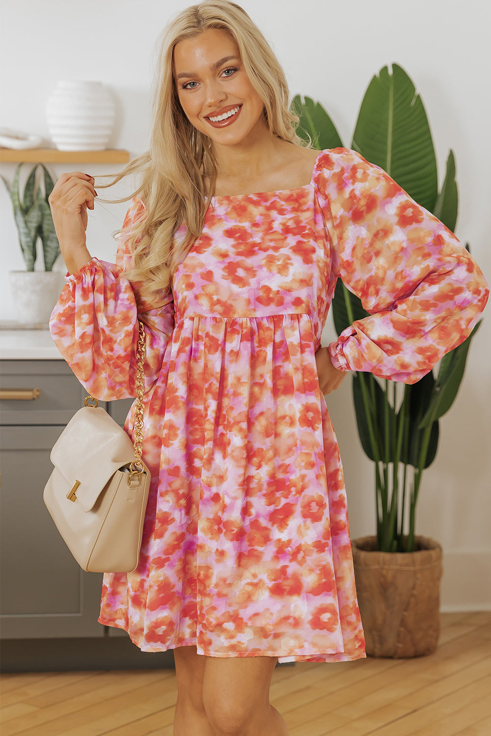 Rose Floral Print Square Neck High Waist Mini Dress eAura