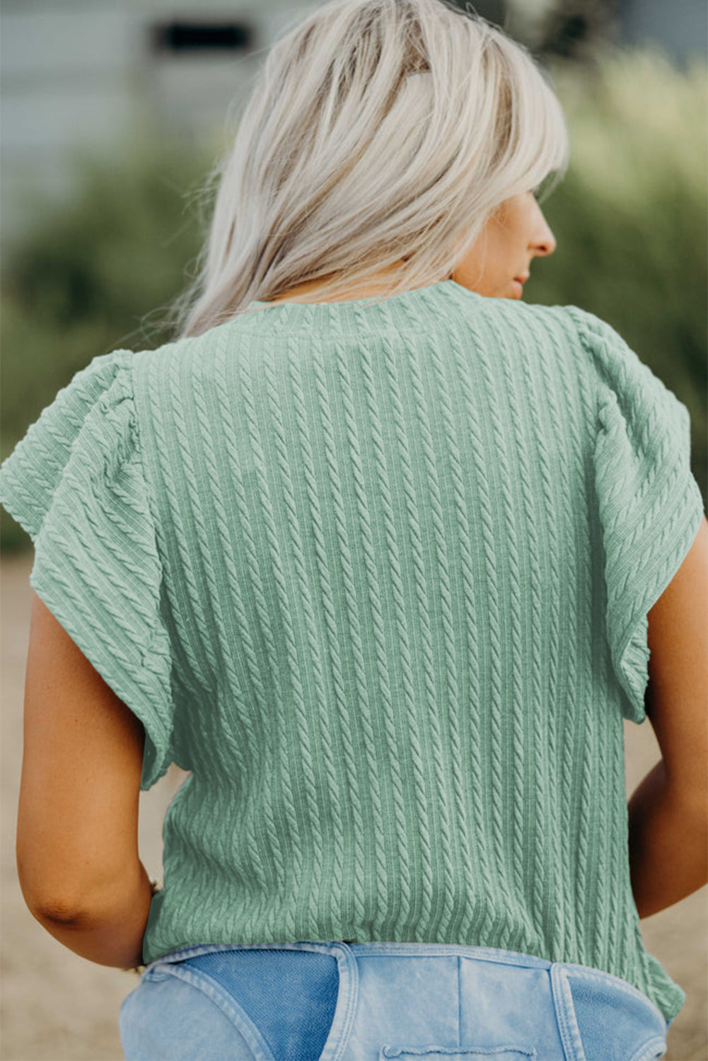 Moonlight Jade Solid Colour Textured Flutter Sleeve Top eAura