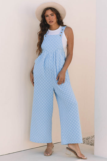 Beau Blue Checkered Pocketed High Waist Wide Leg Overall Dungarees eAura