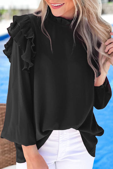 Black Button Keyhole Back Pleated Ruffle Trim Blouse eAura