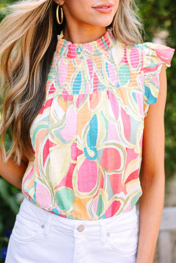 Yellow Abstract Print Smocked Collar Ruffled Sleeve Blouse eAura