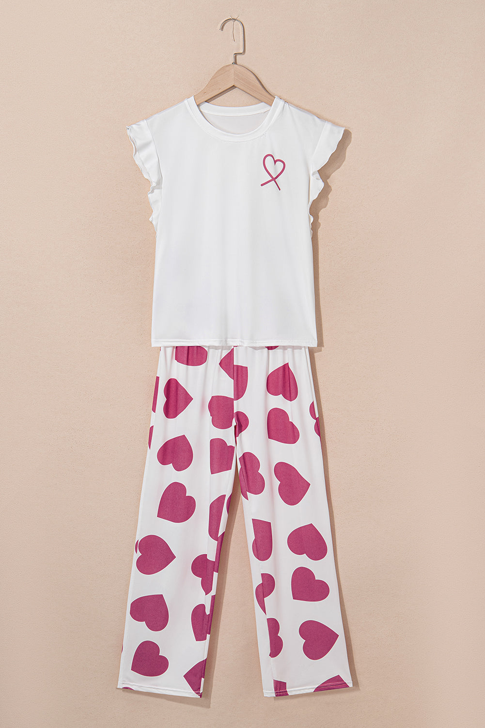 Pink Ruffled Tank Top And Heart Print Trousers Pyjamas eAura