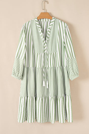 Green Stripe Bracelet Sleeve Tasseled Tied Neck Tiered Plus Size Mini Dress BB Fashion Outlet