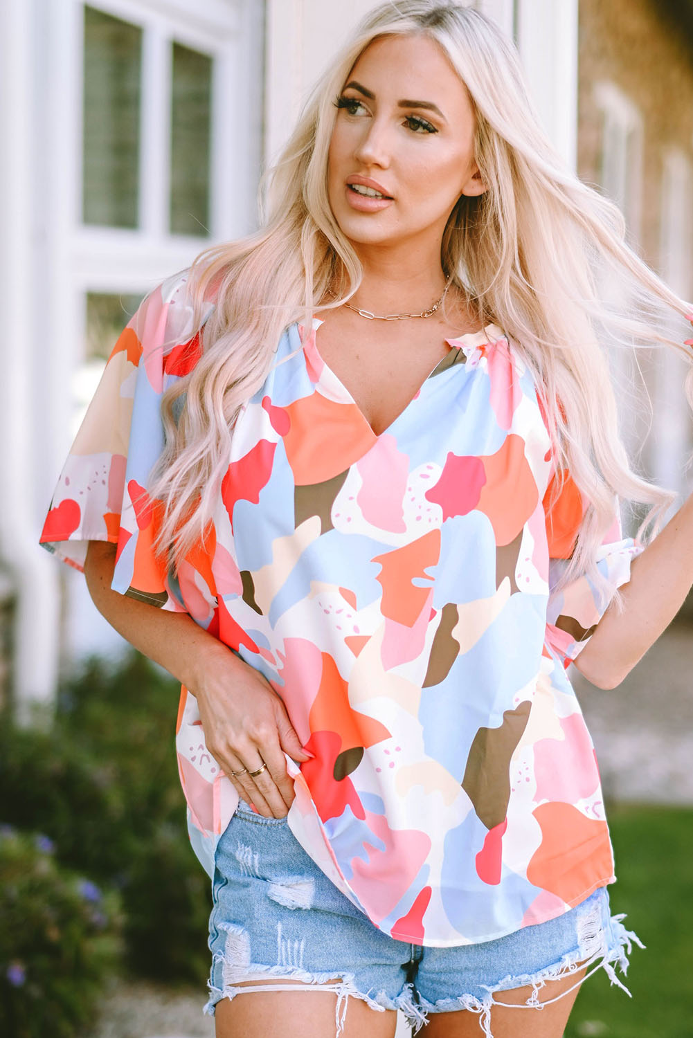 MultiColour Floral Print V Neck Half Sleeve Blouse eAura