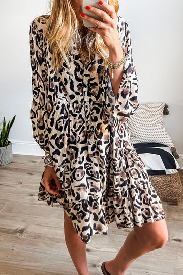 Black Leopard Print Buttoned Front 3/4 Sleeve Tiered Ruffled Hem Dress eAura