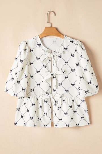 White Bowknot Print Front Knots Bubble Sleeve Blouse eAura
