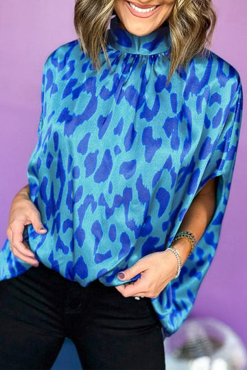 Blue Animal Printed Mock Neck Detail Caftan Top eAura