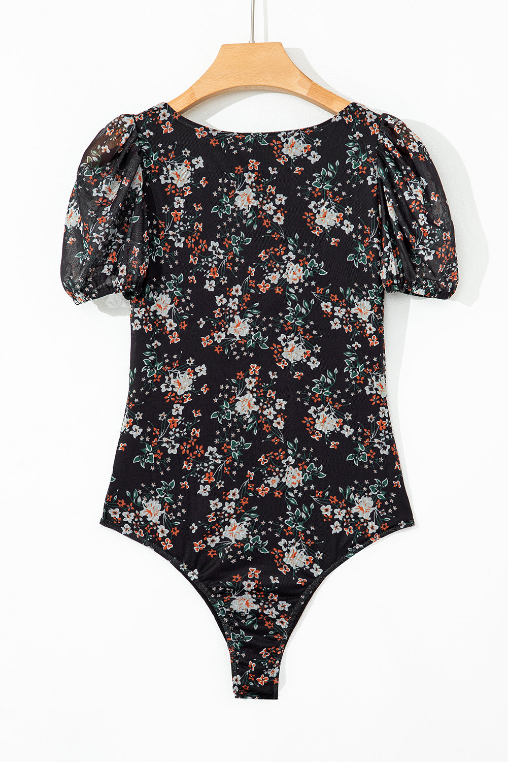 Black Floral Print U Neck Short Puff Sleeve Bodysuit eAura
