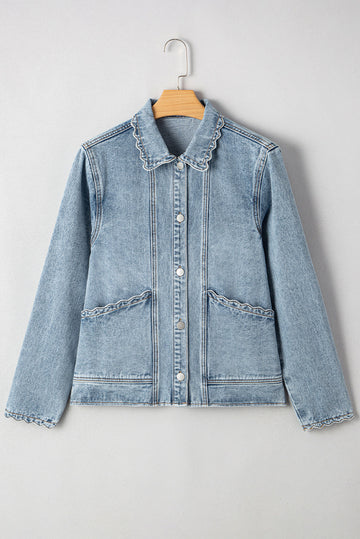 Scallop Trim Collar Patched Pocket Button Up Denim Jacket eAura