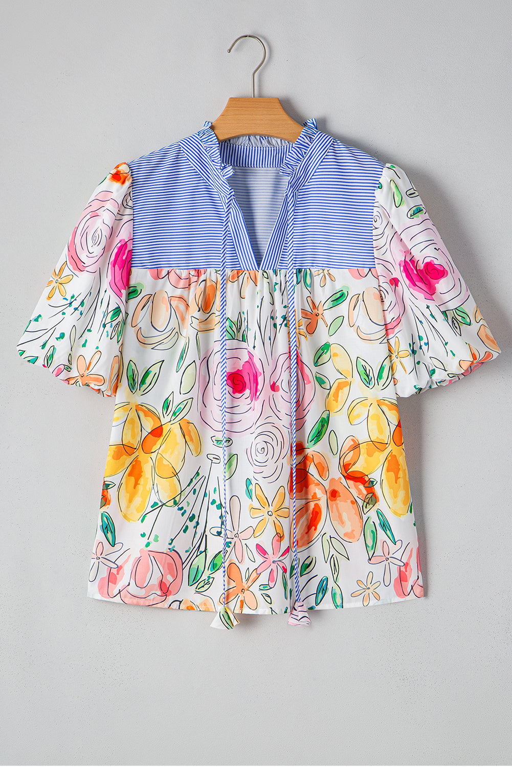 Multicolour Floral Print Striped Yoke Frilled V Neck Puff Short Sleeve Blouse eAura
