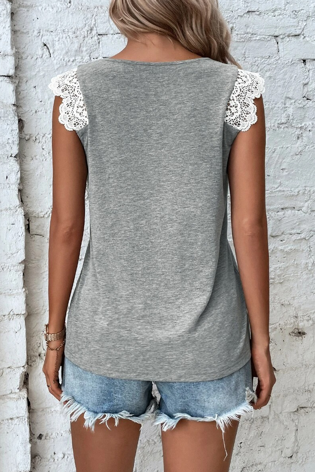 Grey Lace Patchwork Criss Cross V-Neck Tank Top eAura