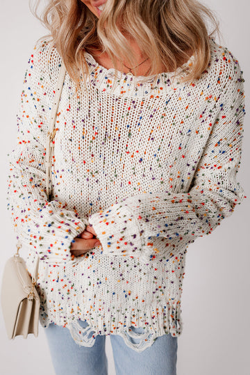 White Colourful Confetti Distressed Knit Sweater eAura