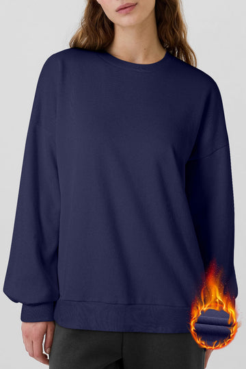 Navy Blue Solid Fleece Lined Drop Shoulder High Low Sweatshirt eAura