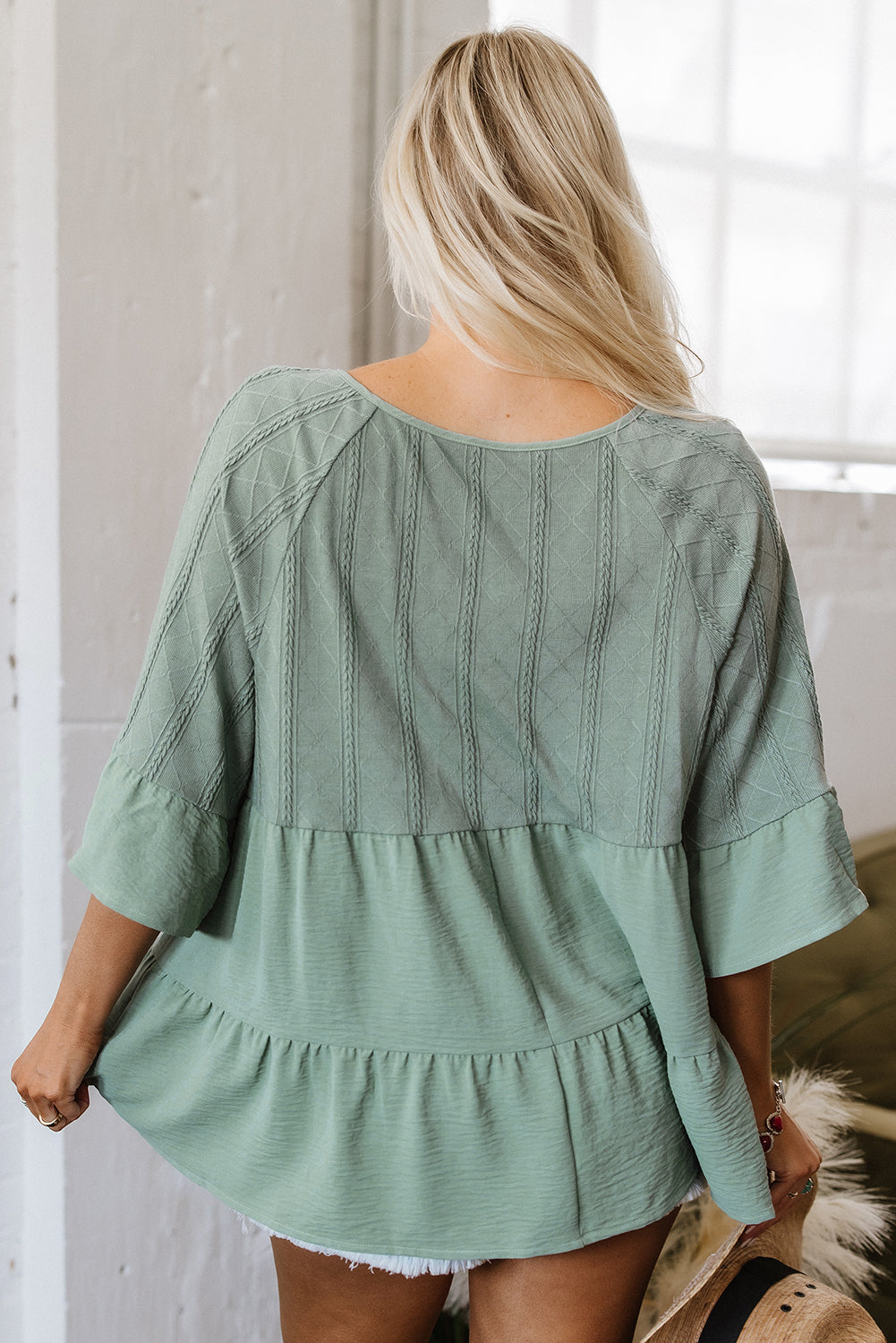 Laurel Green Tie Split Neck Textured Ruffle Patchwork Blouse eAura
