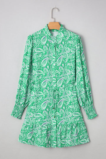 Green Paisley Print Long Sleeve Button Front Tied Waist Mini Dress eAura
