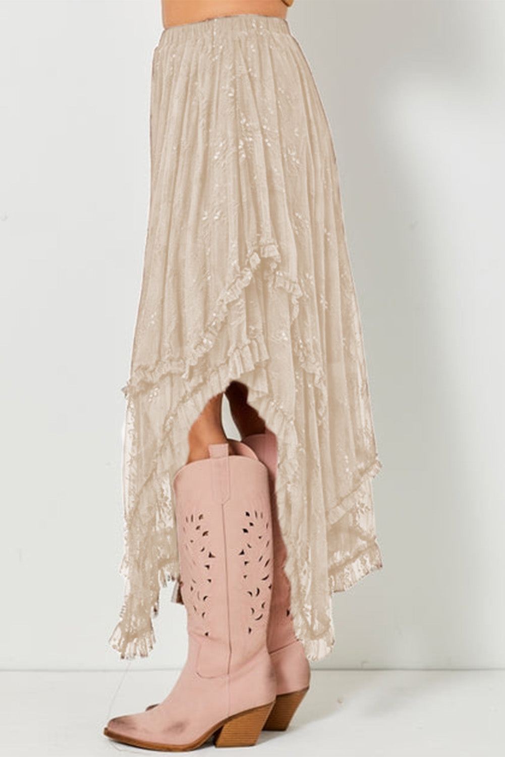 Apricot Lace Cascading Tiered High Waist Maxi Skirt eAura