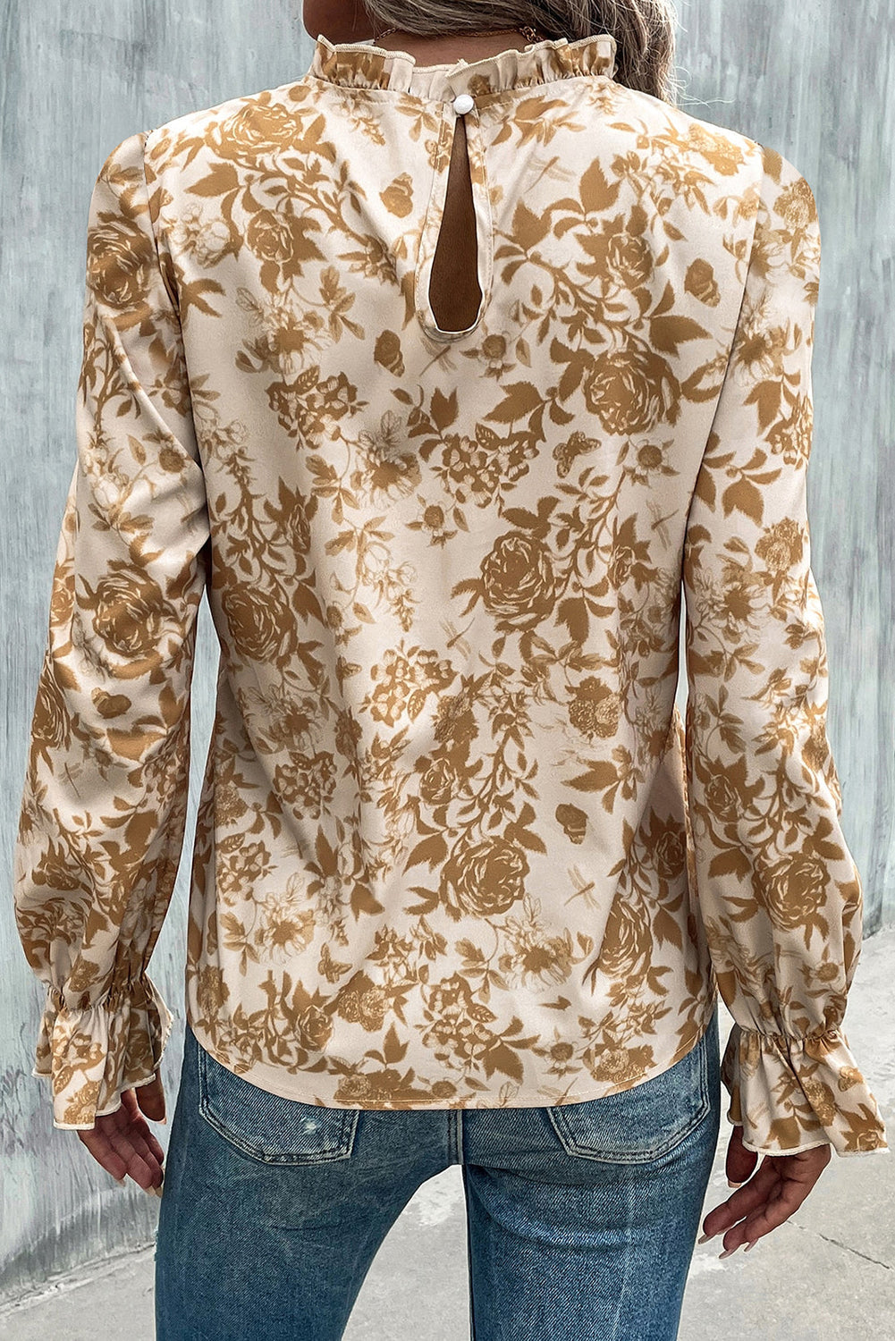 Light French Beige Floral Print Frilled Neckline Flounce Sleeve Blouse eAura