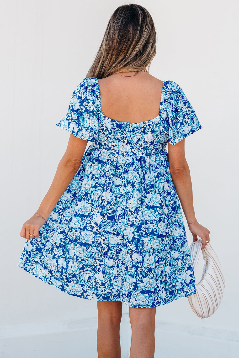 Blue Floral Puff Sleeve Babydoll Mini Dress eAura