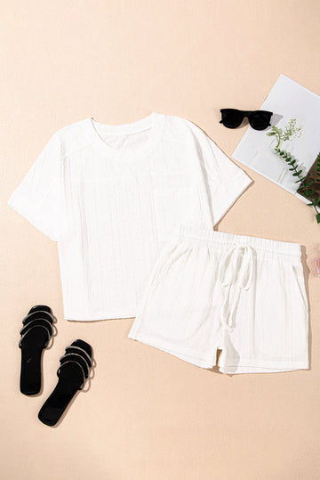 Jet Stream Textured Patched Pocket Short Sleeve Top Drawstring Shorts Set eAura