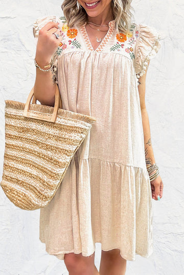 Jet Stream Linen Embroidery Split Neck Pom Pom Ruffle Sleeves Flowy Short Dress eAura