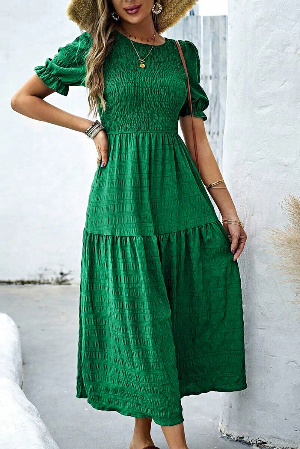 Dark Green Puff Short Sleeve Textured Tiered Maxi Dress eAura