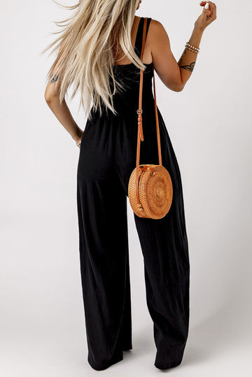 Green Smocked Sleeveless Wide Leg Jumpsuit with Pockets eAura