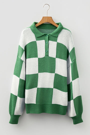 Checkered Pattern Polo Collar Loose Sweater eAura