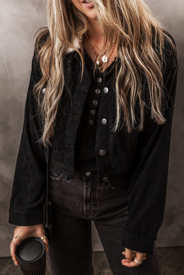 Black Fleece Lined Button-up Collared Corduroy Crop Jacket eAura