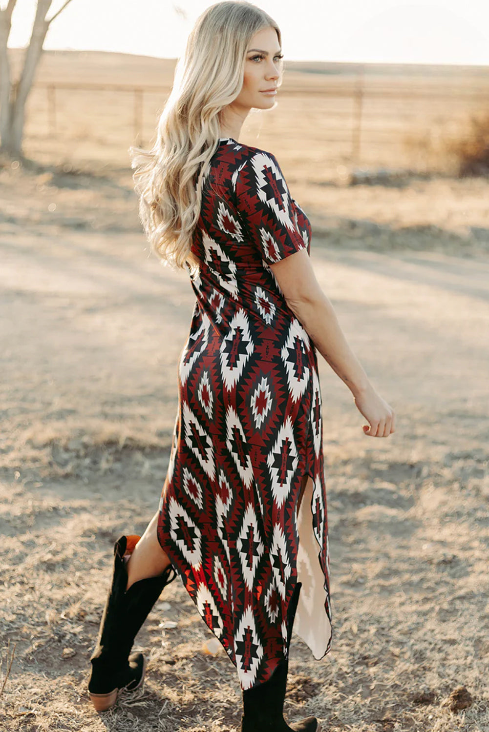 Red Western Aztec Printed Long T-shirt Dress eAura