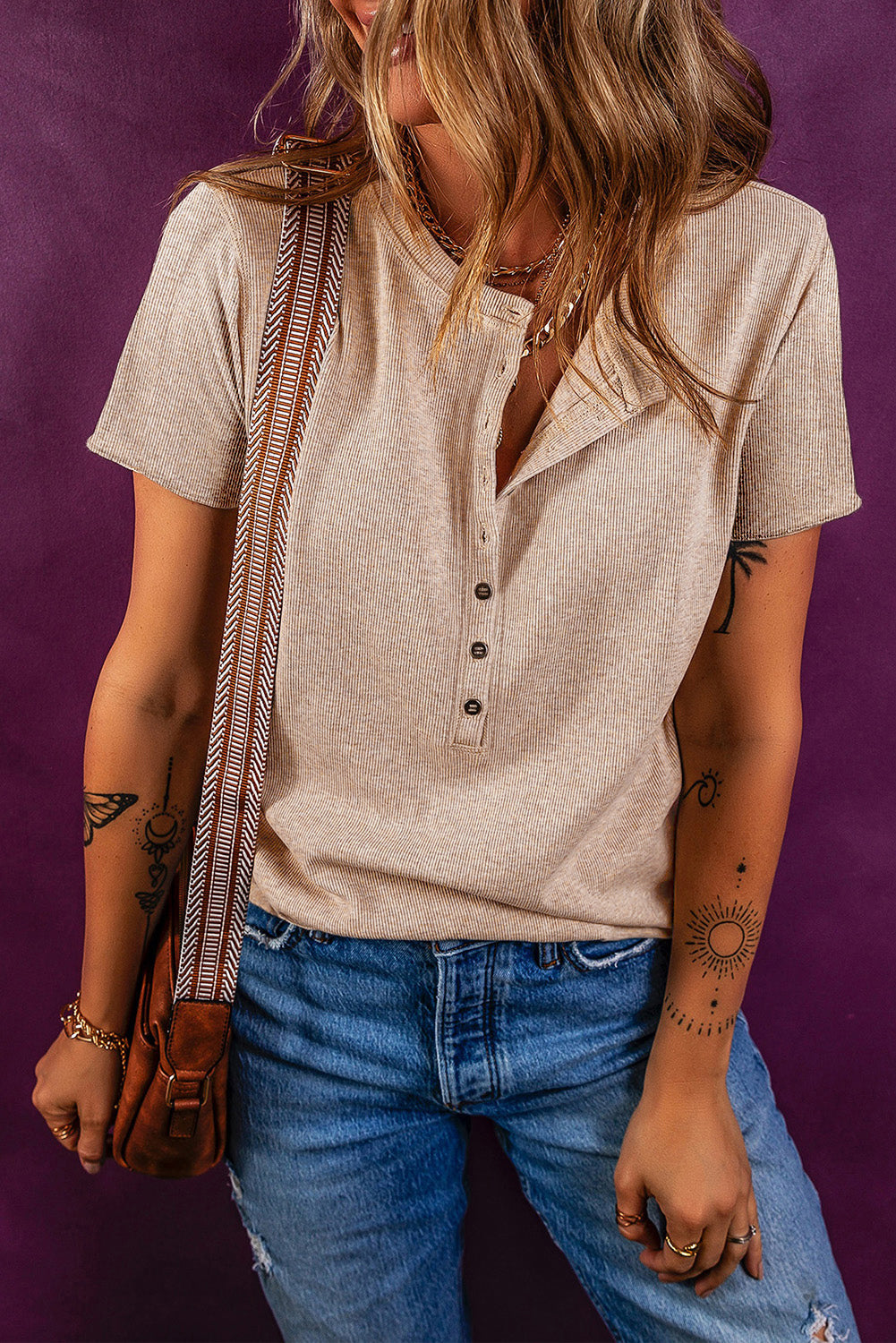 Oatmeal Short Sleeve Half Button Ribbed Knit Top eAura