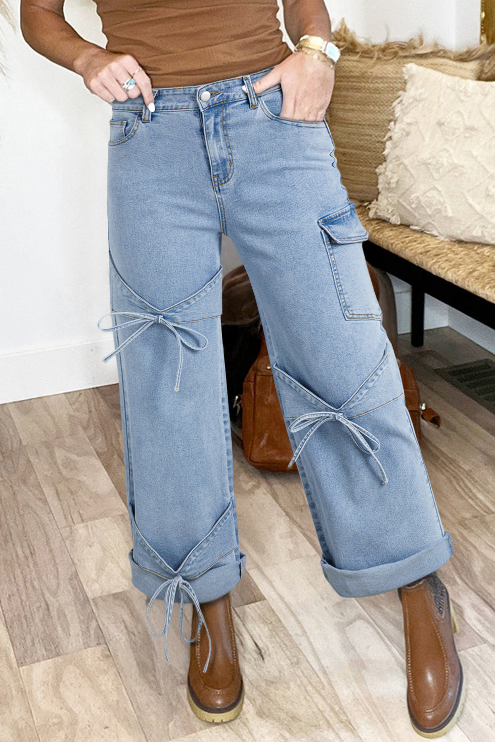 Beau Blue Bowknot Decor Boyfriend Cargo Jeans eAura