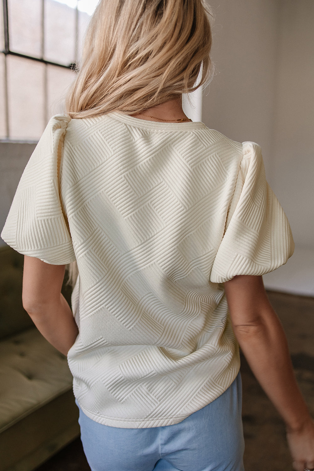 Oatmeal Textured Puff Sleeve T-shirt eAura