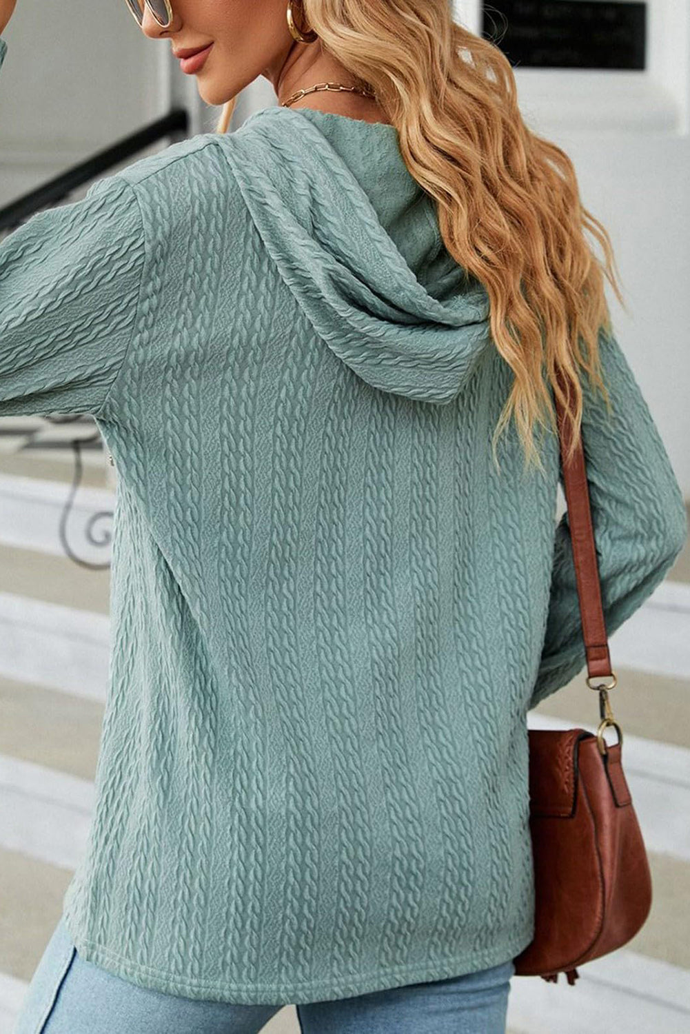 Mint Green Button Front Textured Drawstring Hooded Long Sleeve Top eAura
