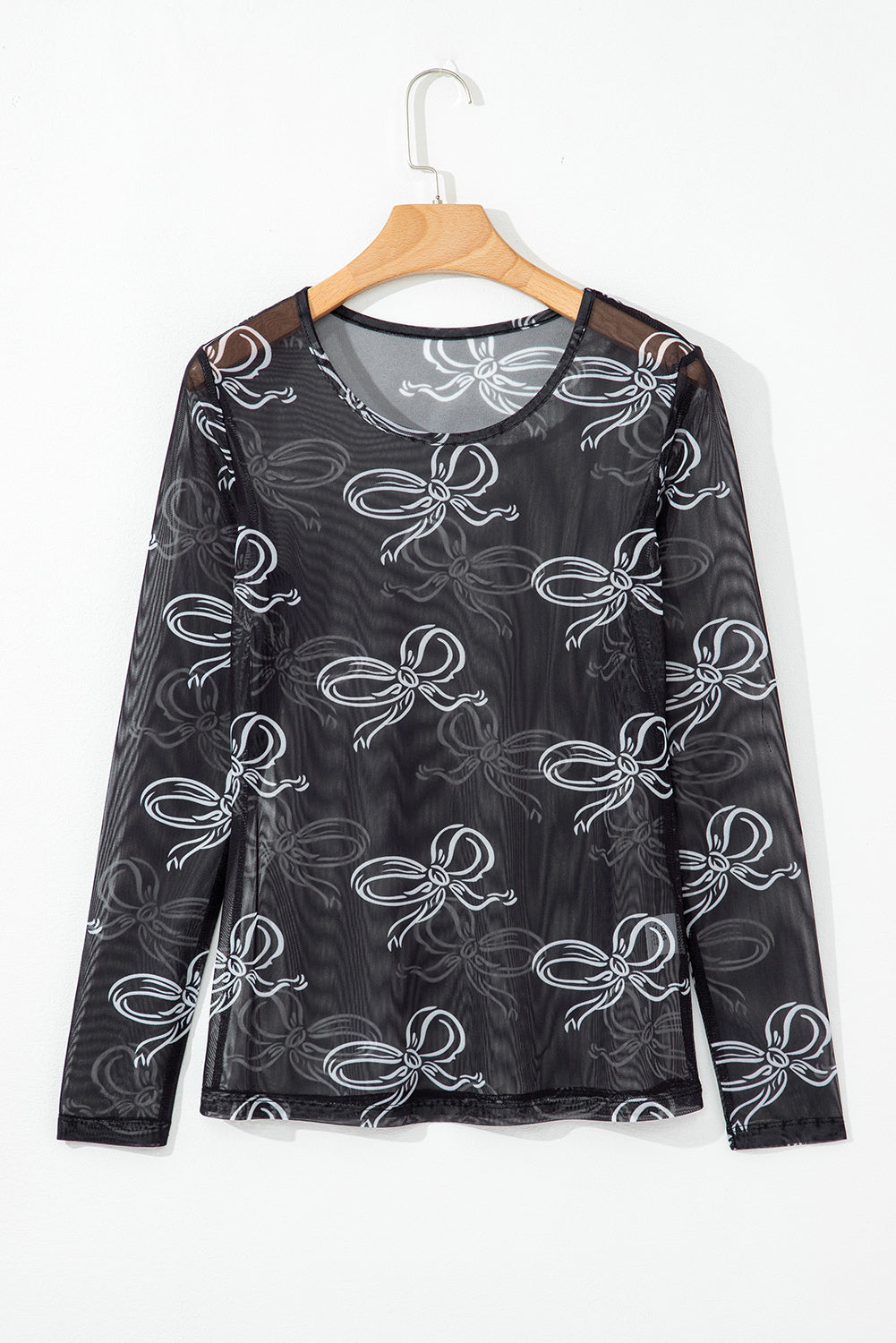 Black Round Neck Bow Print Long Sleeve Mesh Top eAura